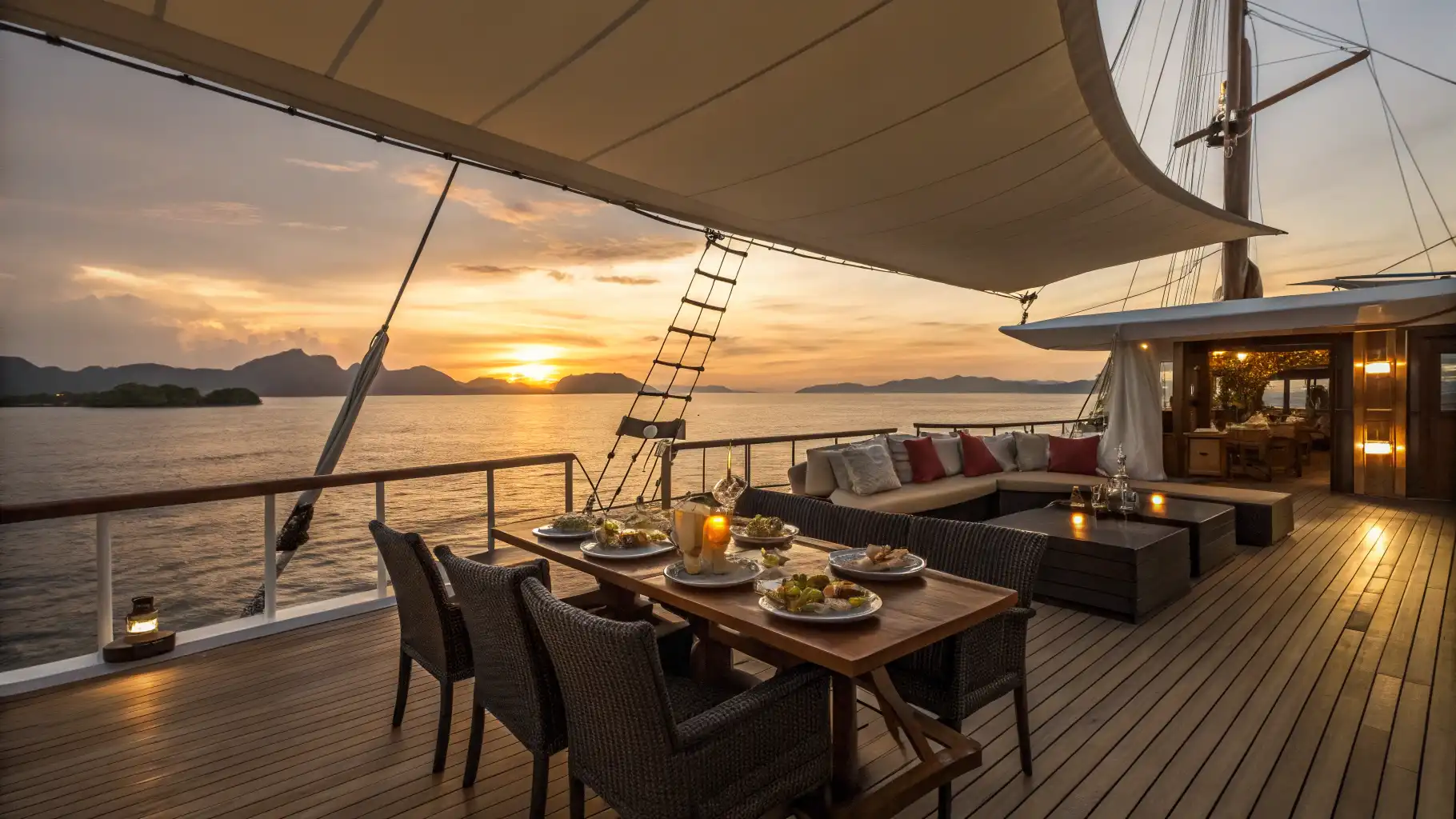 Sunset on the deck of a phinisi yacht