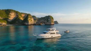 A charter yacht under way between islands