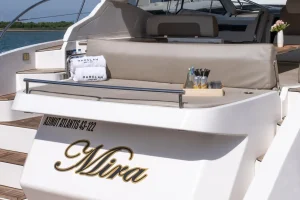 The open deck and seating of a motor yacht
