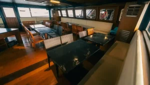 A day cruise boat under way between islands