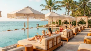 A waterfront resort area with beach access