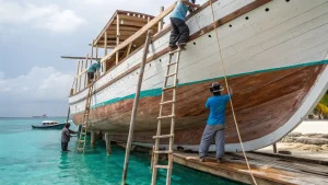 A yacht hauled out for refit work