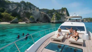 Charter yachts lying at anchor off the islands