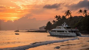 A private yacht cruising at sunset