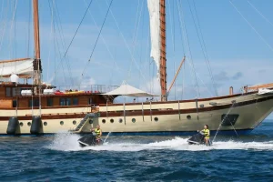 The phinisi Lamima lying off Labuan Bajo
