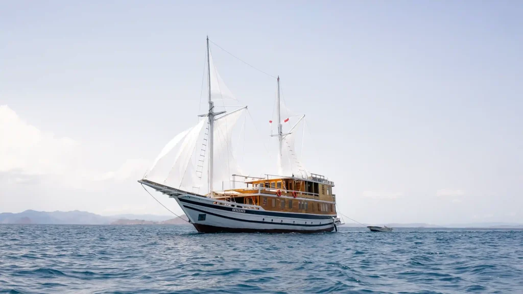 A liveaboard charter boat anchored in the Komodo islands
