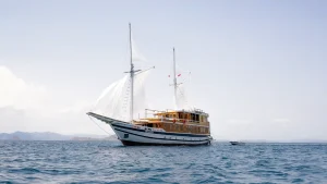 A liveaboard charter boat anchored in the Komodo islands