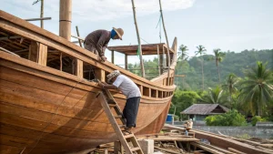 A custom yacht and phinisi under construction