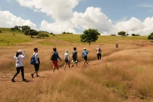 Visitors on a ranger-led trek across Rinca Island
