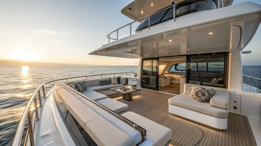 A modern luxury yacht hull under construction in the yard
