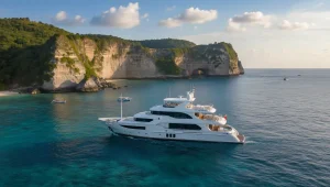 A charter yacht at anchor between islands
