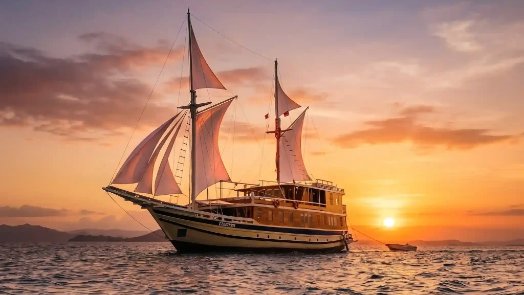 Phinisi under full sail off Labuan Bajo
