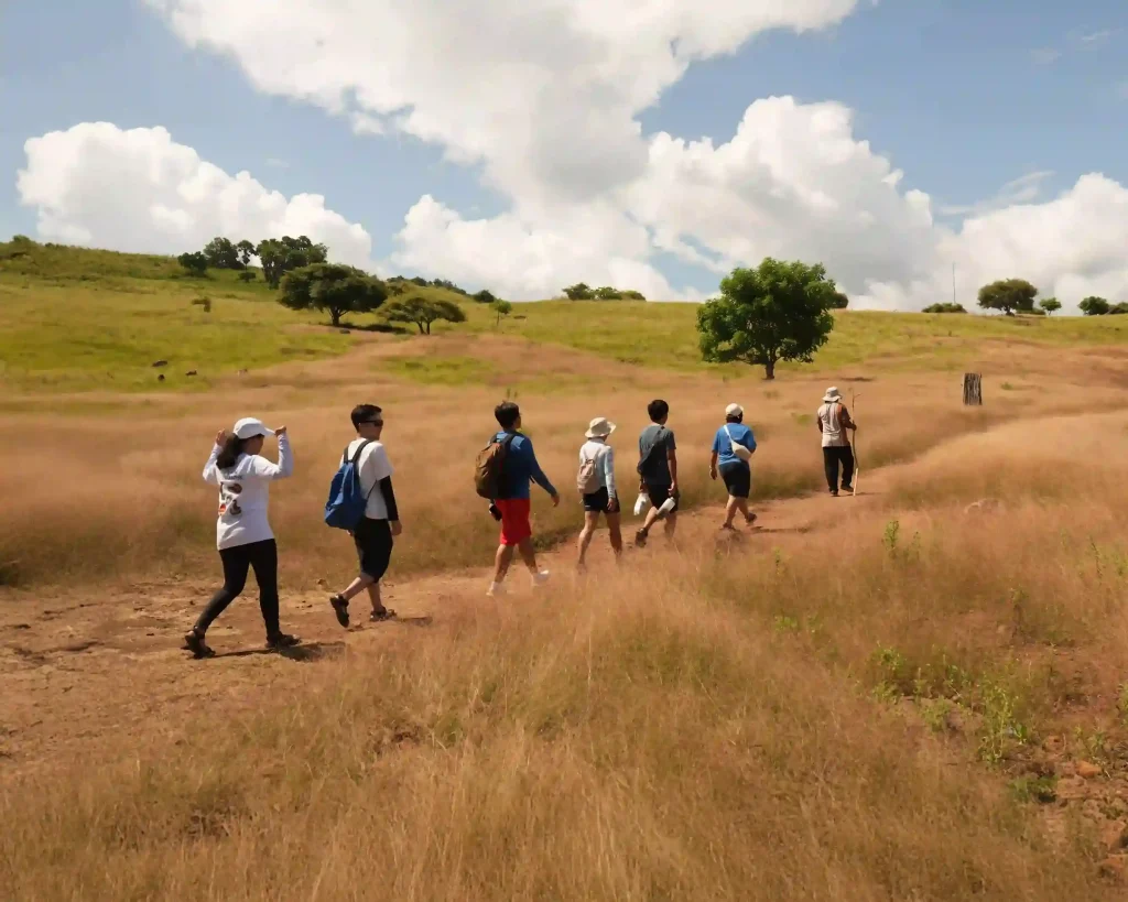 Travellers on a Komodo Island ridge trail