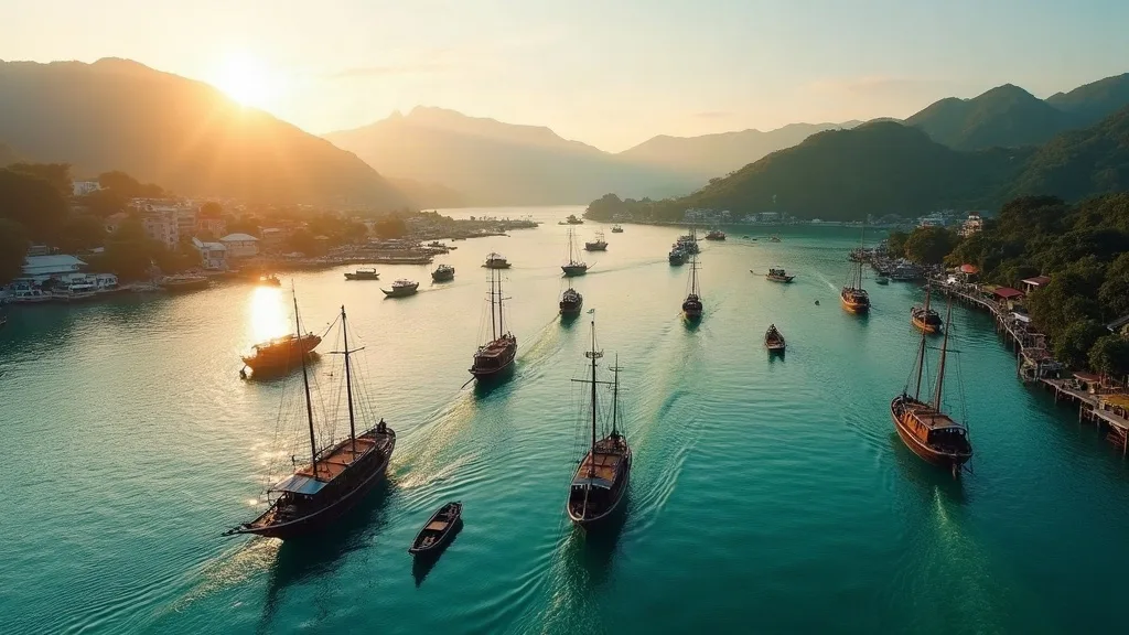 Phinisi fleet on moorings in Labuan Bajo harbour at sunrise